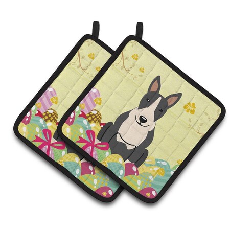 Carolines Treasures Easter Eggs Bull Terrier Black & White Pair of Pot Holders BB6133PTHD